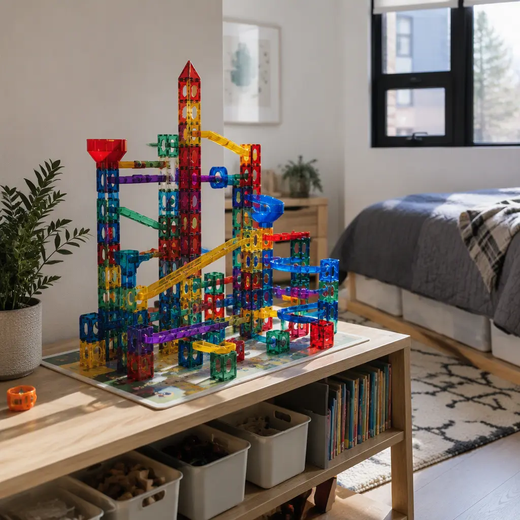 Compact marble run setup in a small shared bedroom with neatly contained pieces
