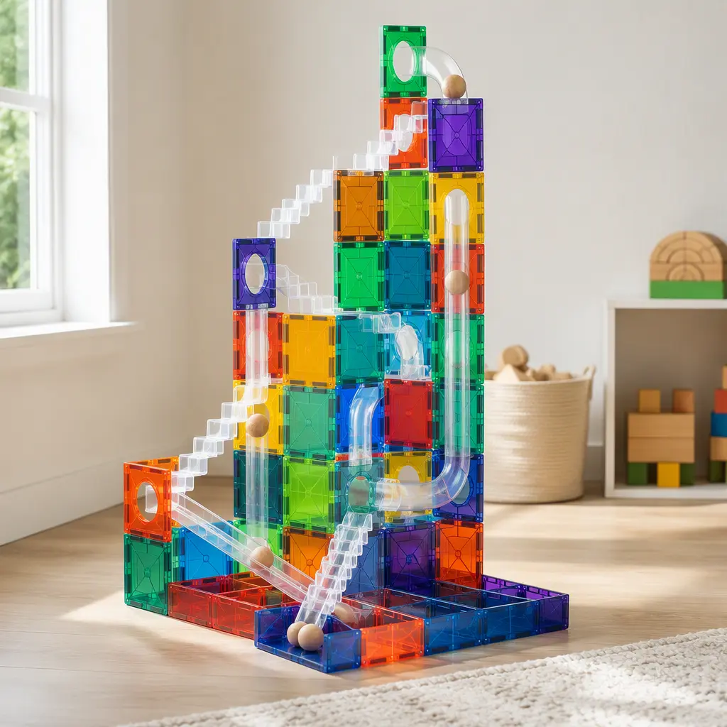 Tall magnetic tile ball run assembled in a bright playroom with multiple ramps and tubes
