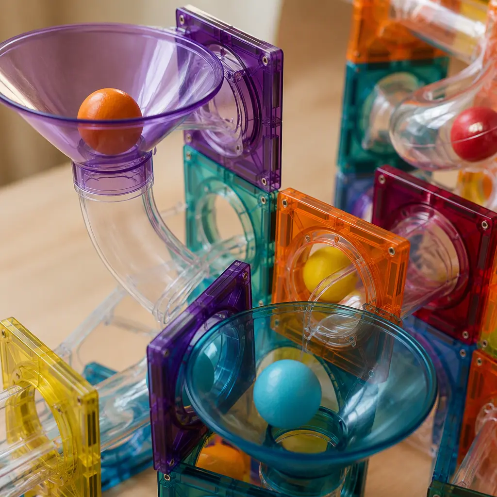 Detailed view of magnetic tile funnels and tubes guiding colorful balls through a construction