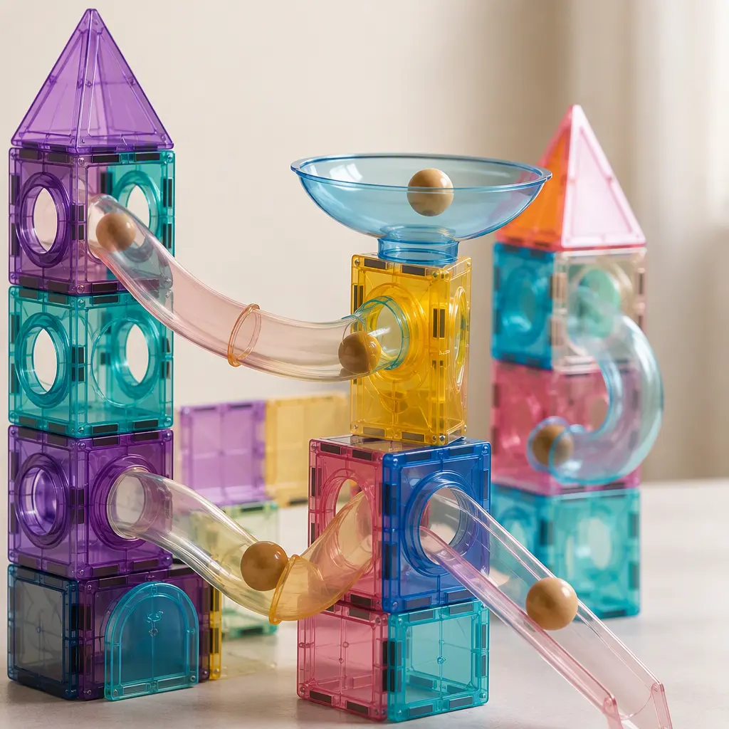 Magnetic tile ball run structure with colorful tubes and moving balls in a bright studio setting