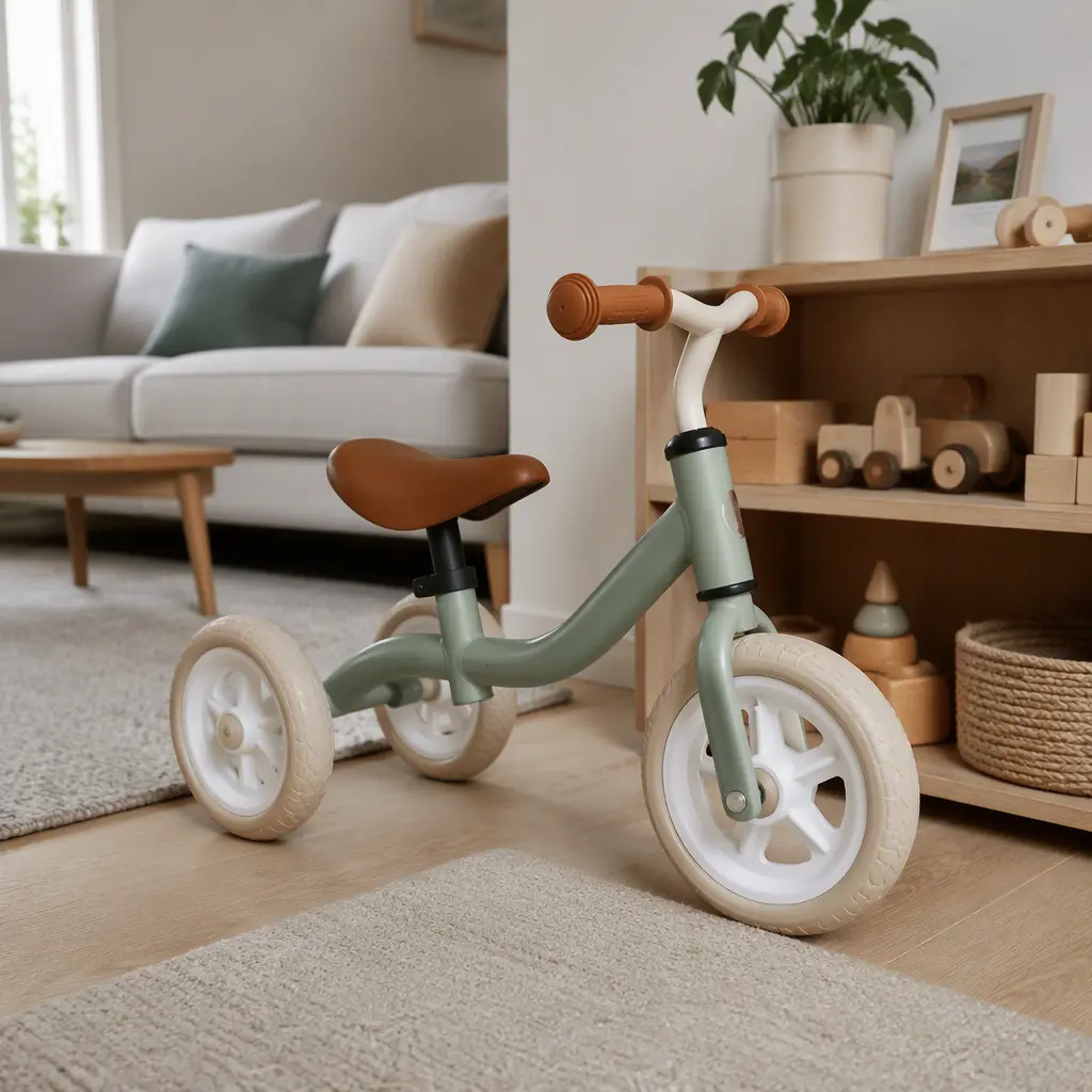 Compact convertible balance bike in a bright living room