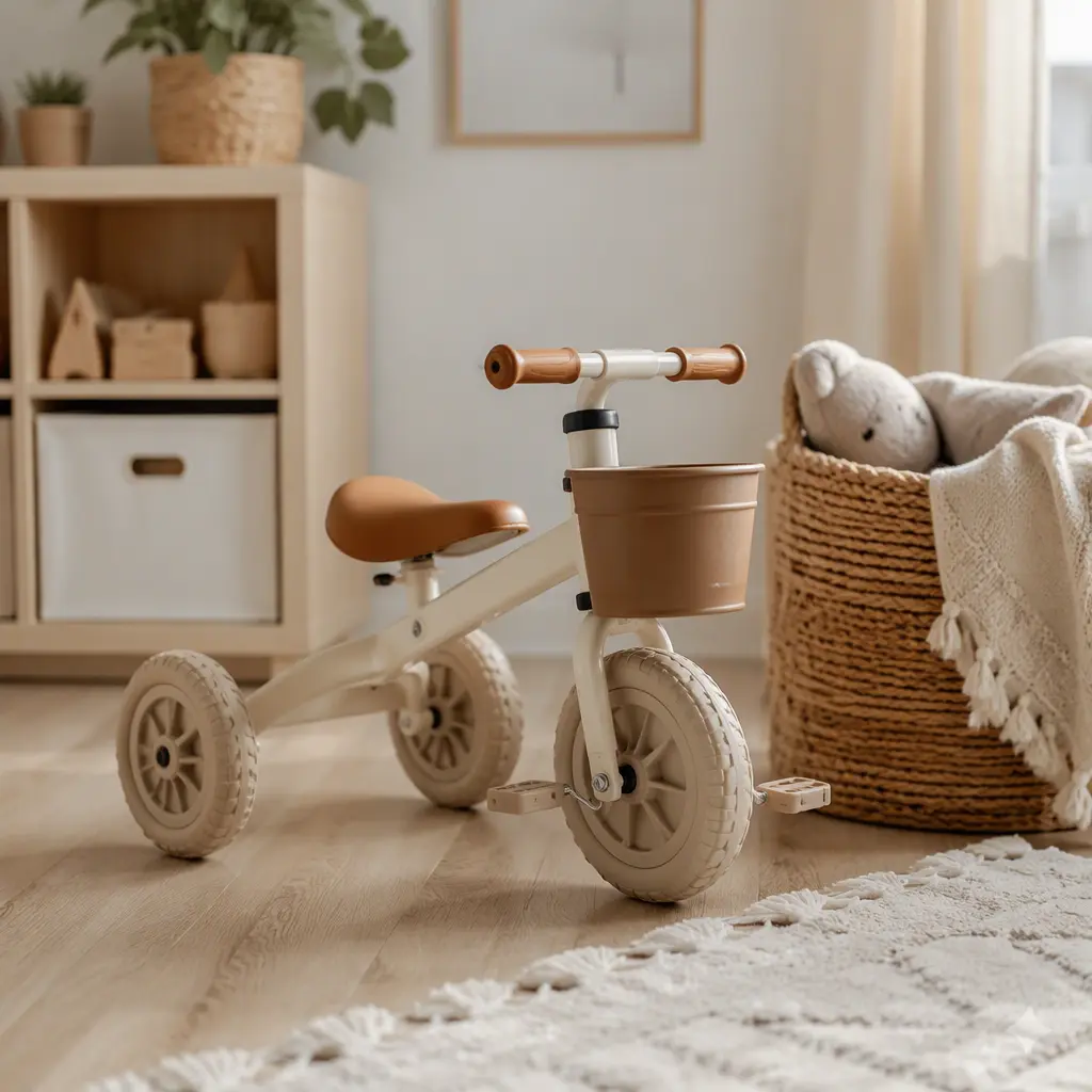Toddler tricycle in a softly lit nursery