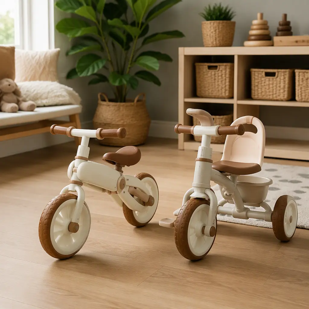 Convertible balance bike and toddler tricycle in a softly lit playroom