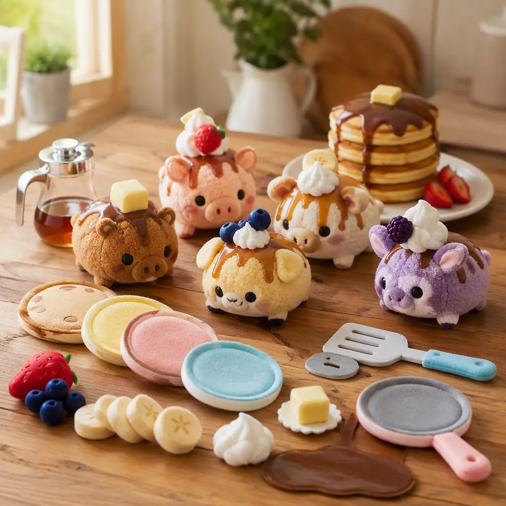 Dessert-inspired plush toys displayed with toy pancake-making accessories on a tabletop