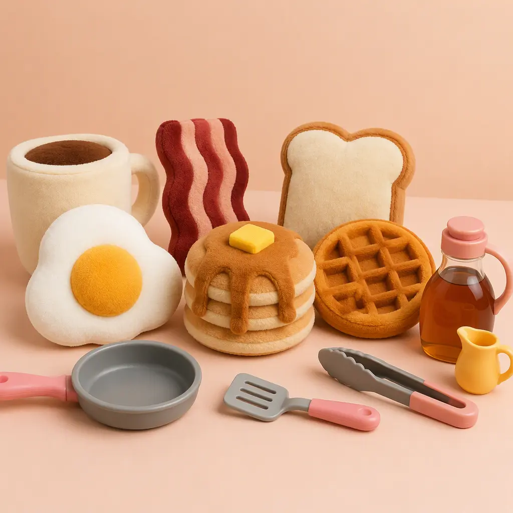 Breakfast-themed plush collectibles displayed with toy cooking accessories