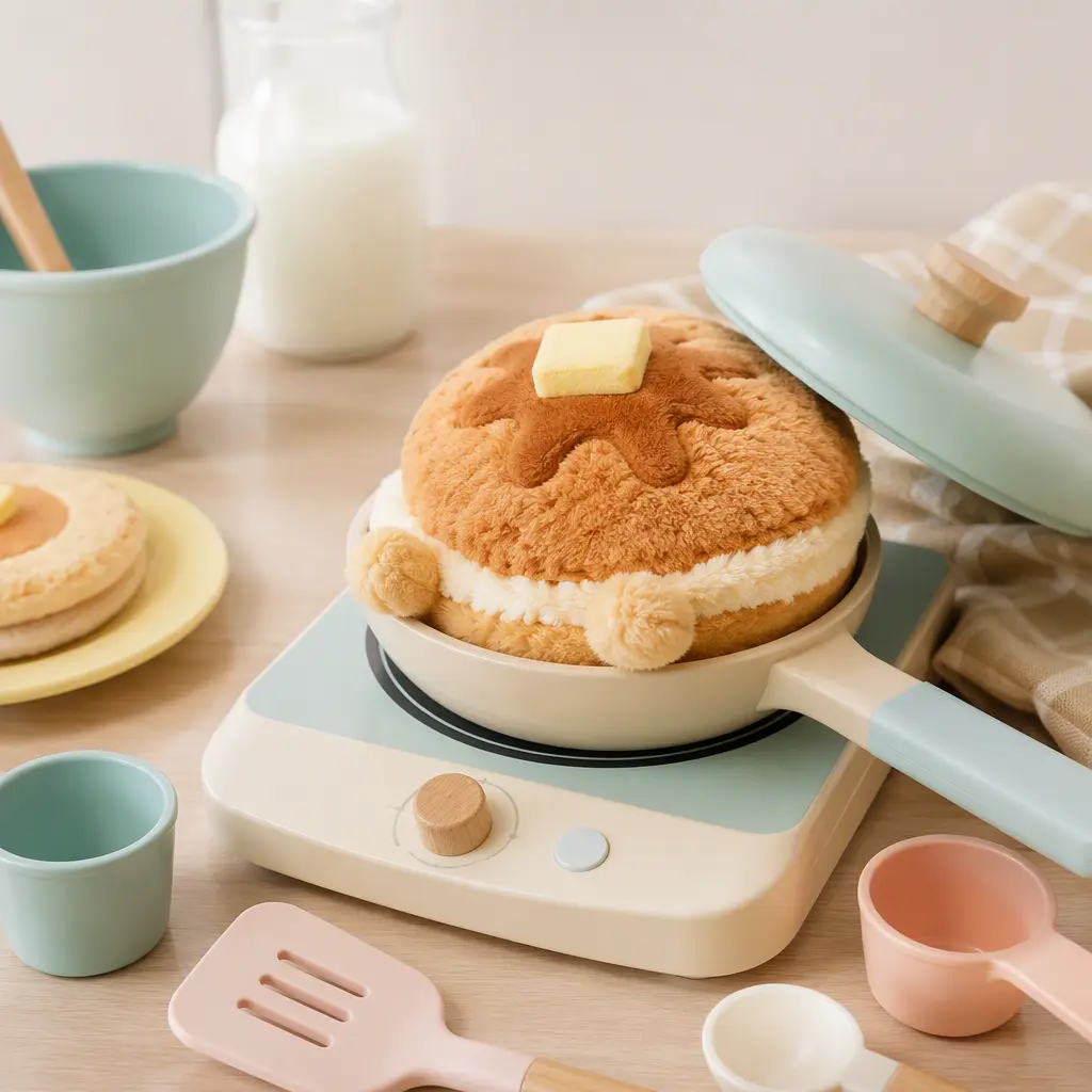 Pretend pancake playset with a scented pancake-themed plush toy in a bright studio setting