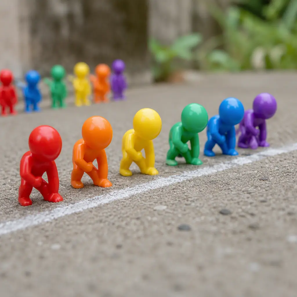Small colorful figurines arranged in rows on a playground-like surface