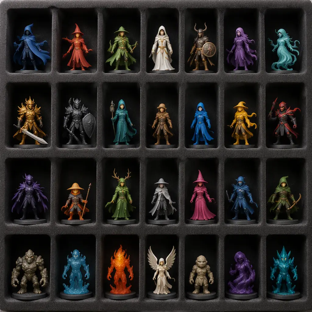 Organized display tray filled with colorful collectible figurines