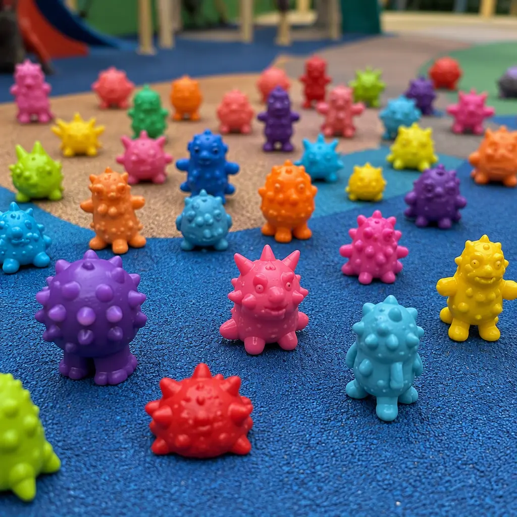 A collection of colorful small plastic figurines spread across a tabletop like a schoolyard game setup