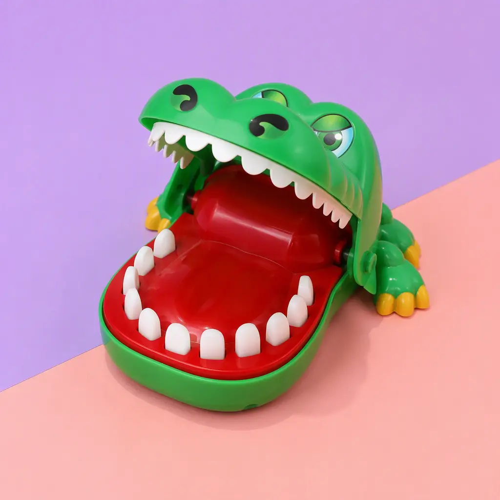 Top-down view of a crocodile snapping game with open jaws and plastic teeth