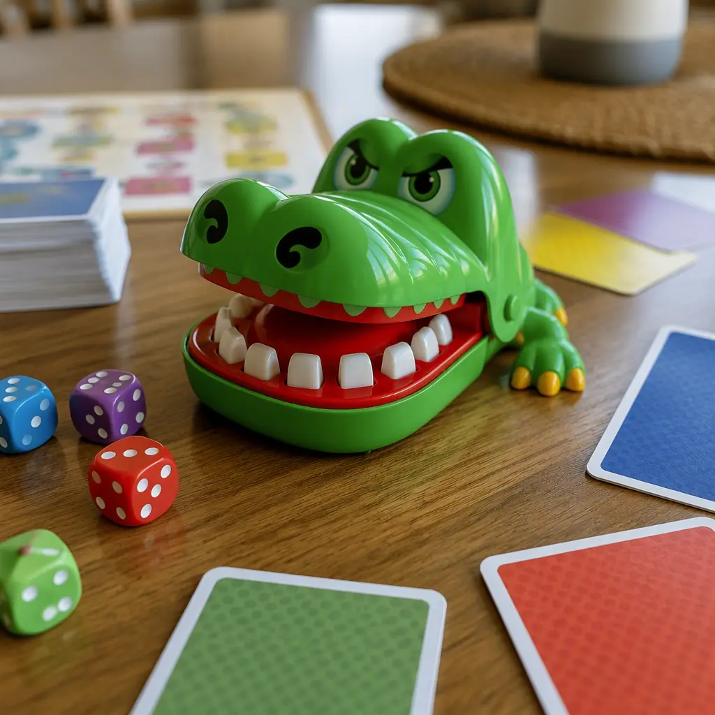 Snapping crocodile game resting on a tabletop after the jaws closed