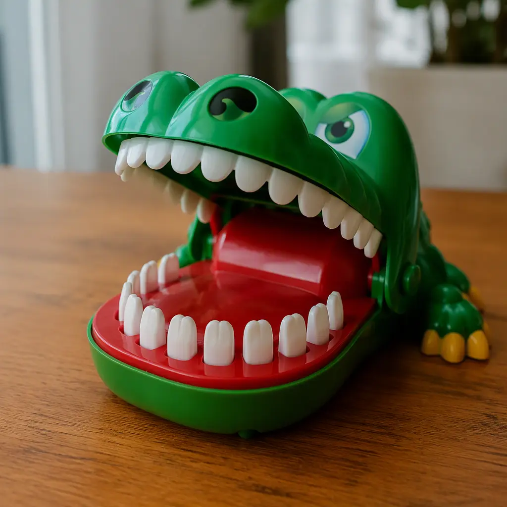 Plastic crocodile dentist suspense game with open snapping jaws on a table