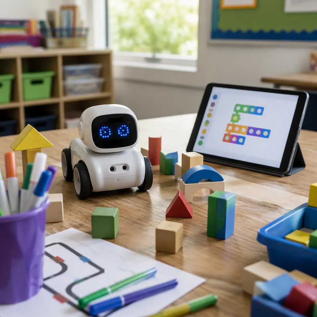 An educational coding robot moving through a classroom obstacle course