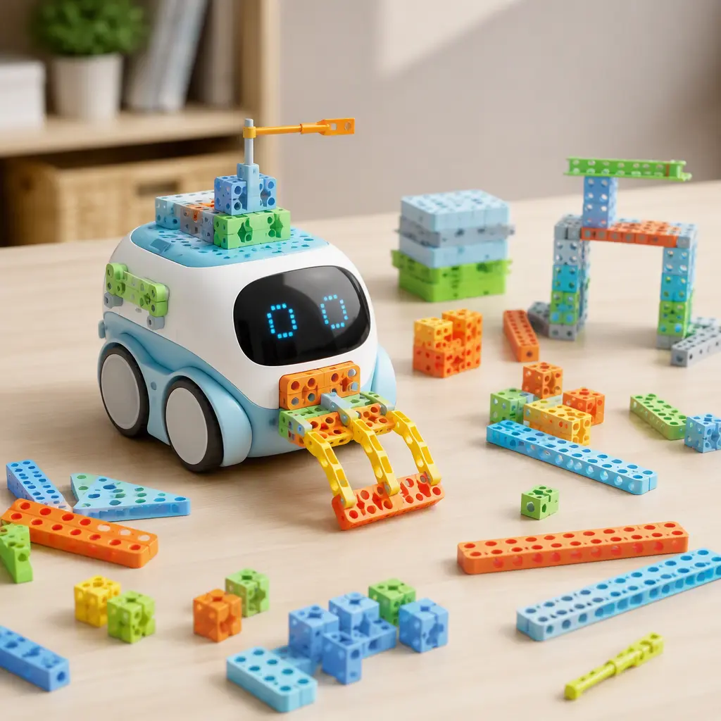 A coding robot displayed with creative building accessories and construction pieces