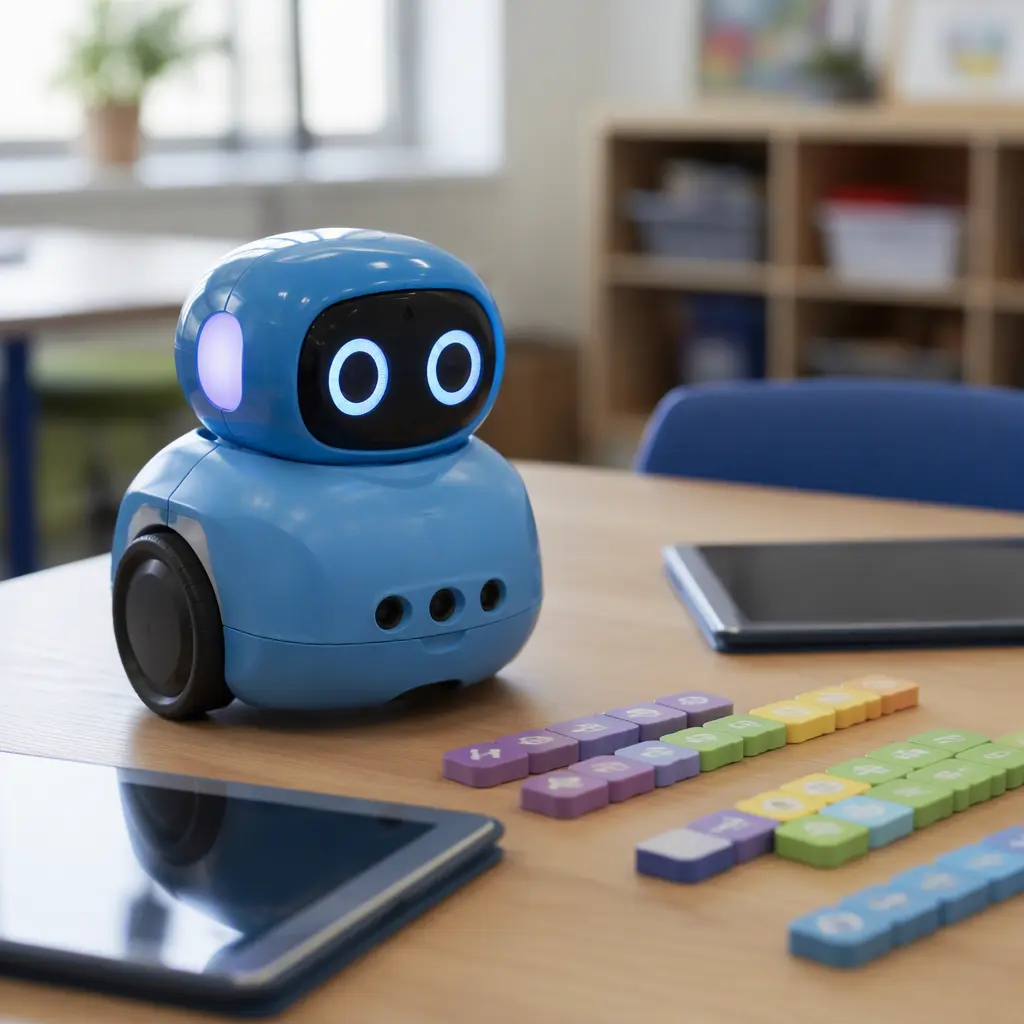 A rounded educational coding robot on a classroom table with coding accessories nearby