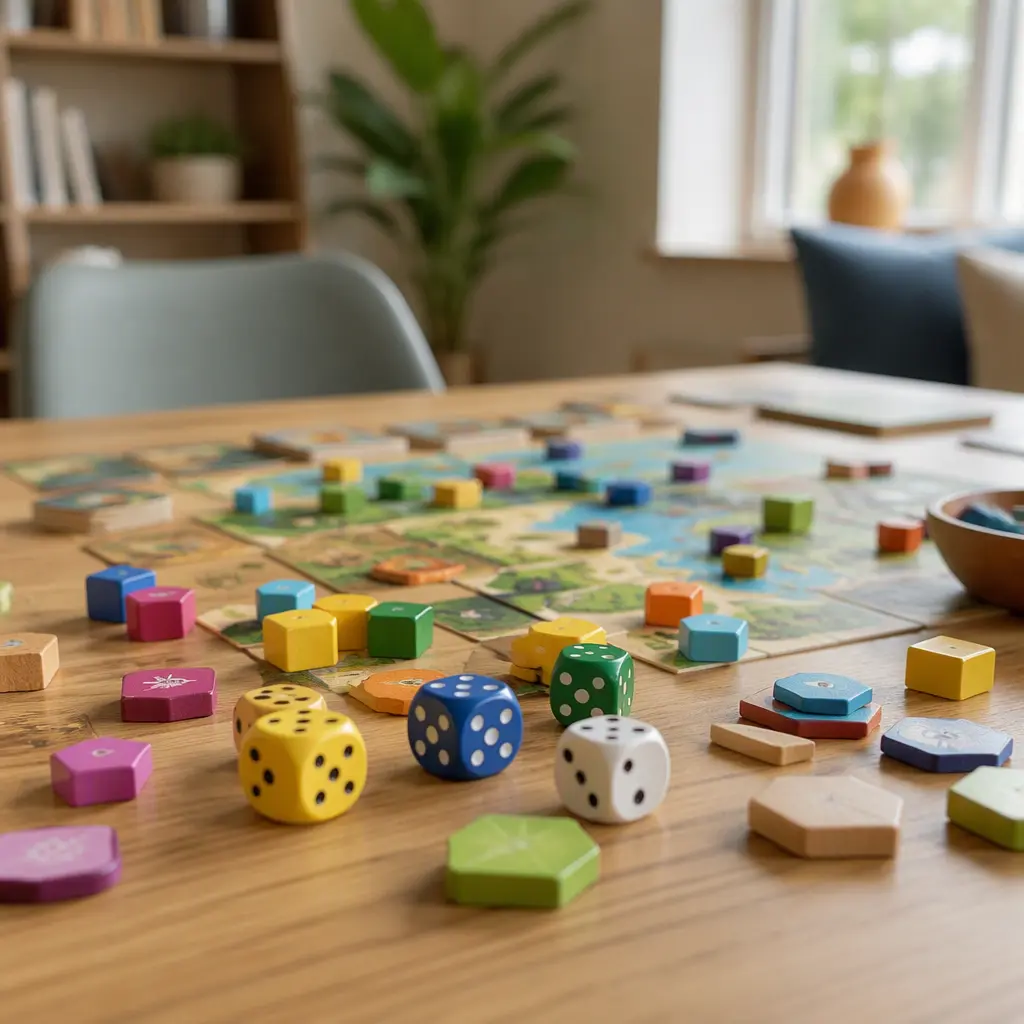 Wooden game tiles and dice on a family table