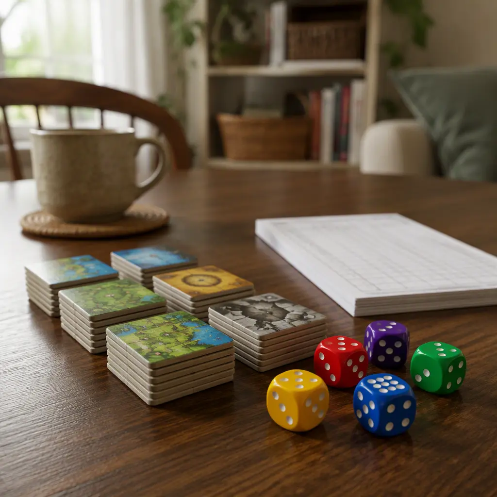 Family tabletop game setup with tiles and dice