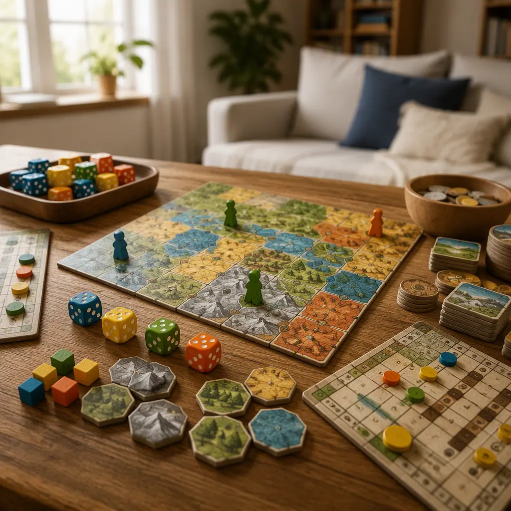 Dice and tile-based family games arranged on a table in soft natural light