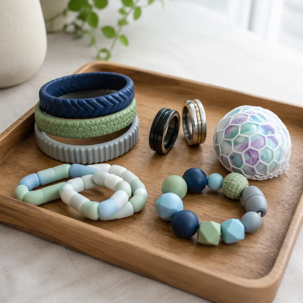 Wearable sensory accessories including bracelets and rings displayed on a wooden tray.
