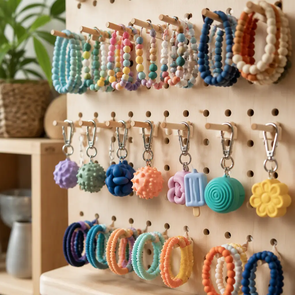 Colorful wearable sensory toys including bracelets, rings, and clip-on charms on display.