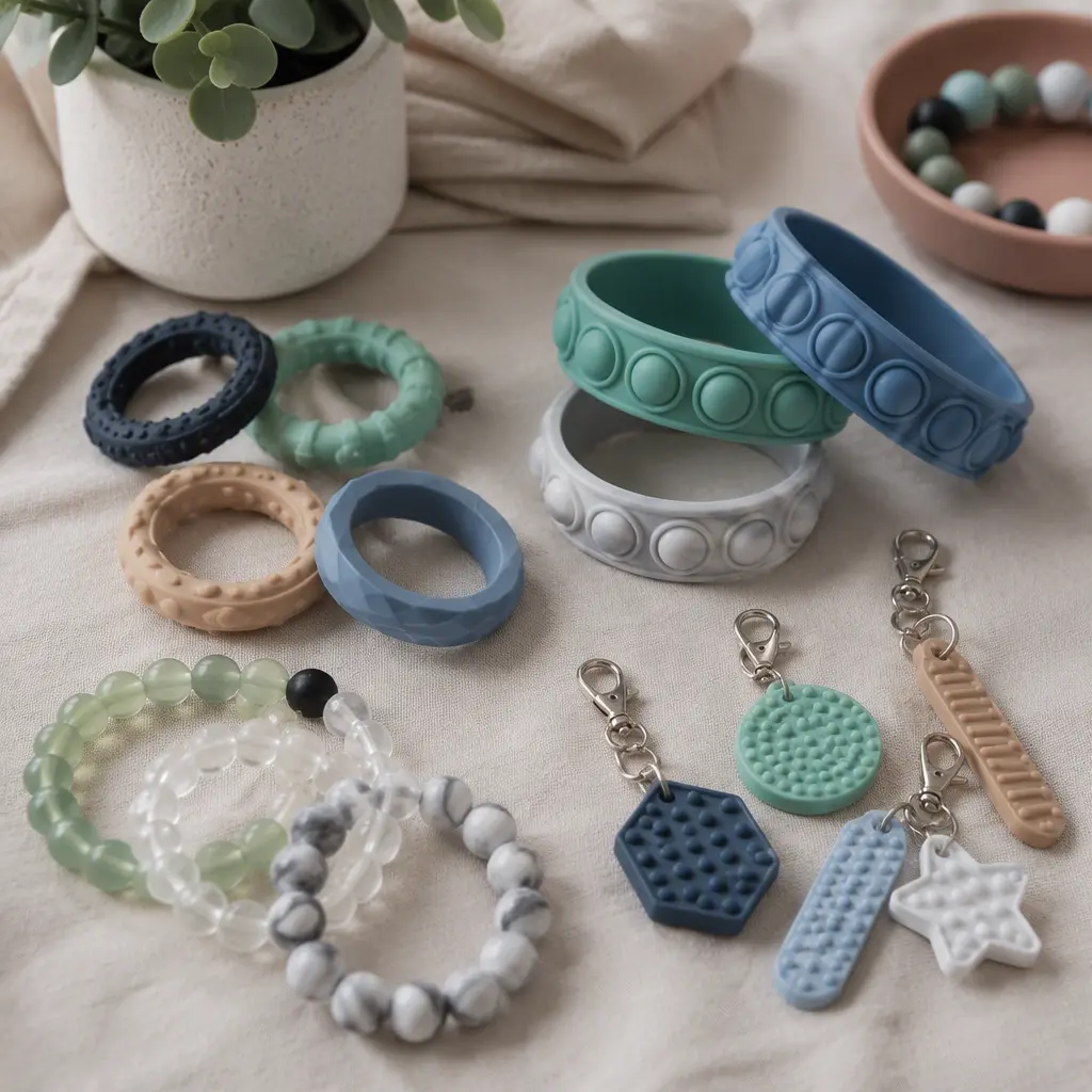 A collection of wearable sensory toys including rings, bracelets, and clip-on fidgets arranged on a fabric surface.
