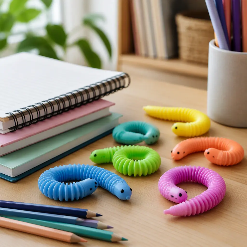 Assorted sensory worm toys placed on a study desk near school supplies