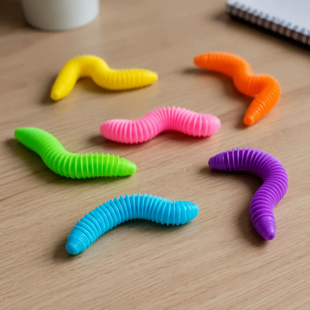 Colorful bendable fidget worm toys spread across a desk