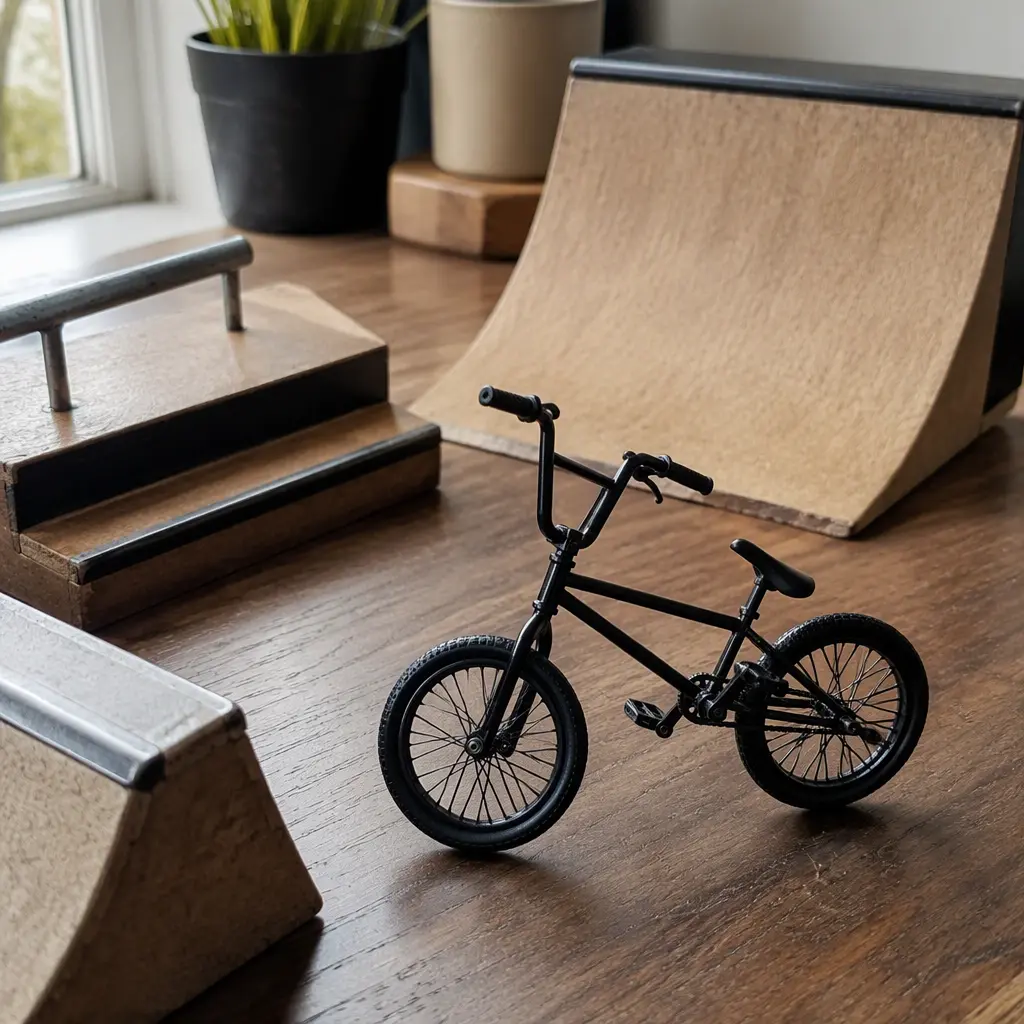 A finger BMX toy next to miniature ramps and rails on a wooden tabletop