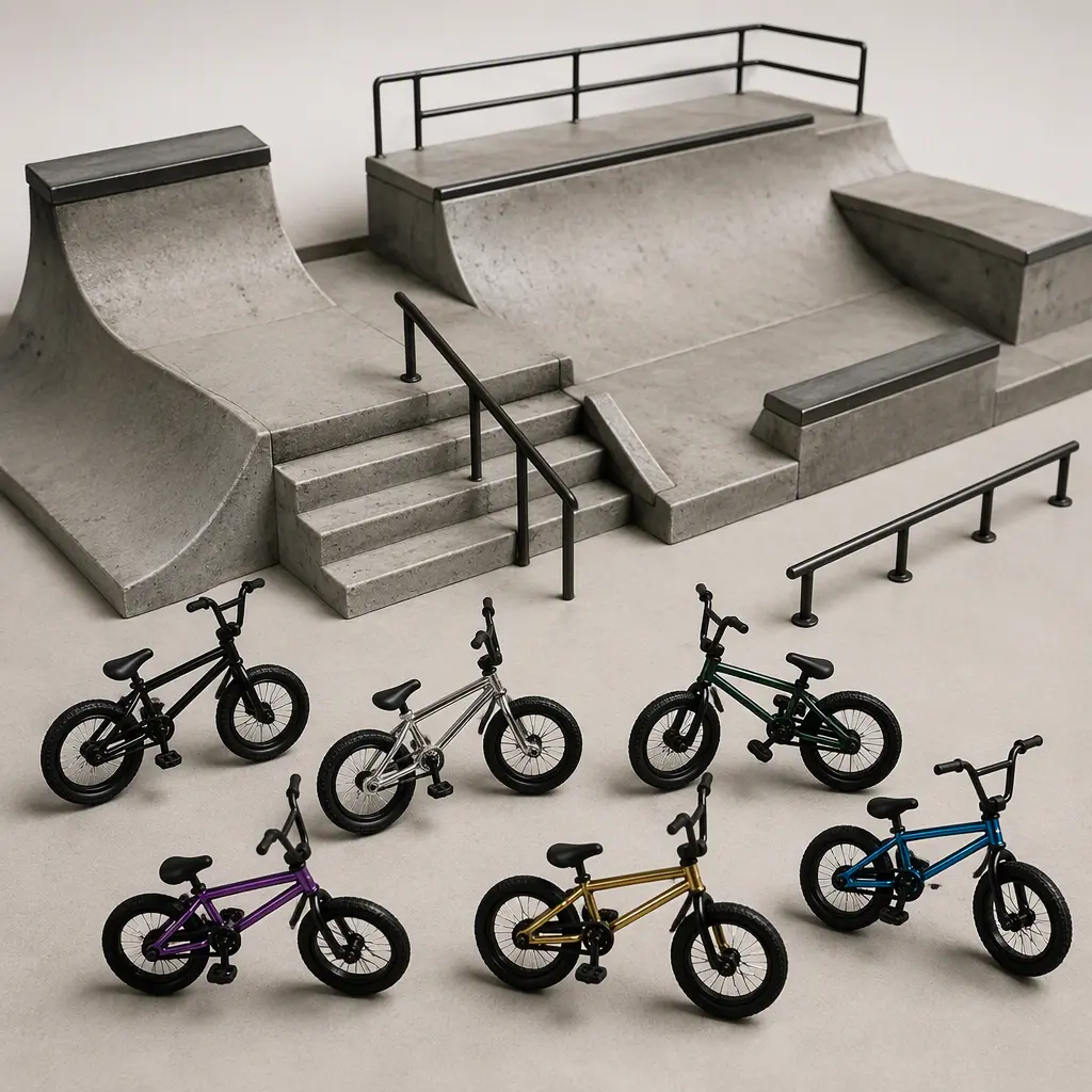 Several finger BMX toys displayed around a miniature tabletop skatepark