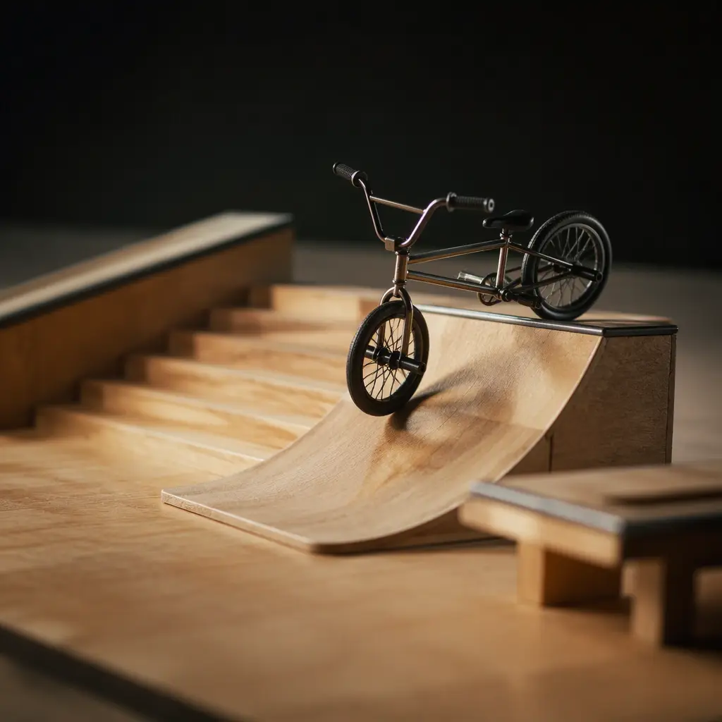A miniature finger BMX bike posed on a small wooden tabletop ramp under studio lighting