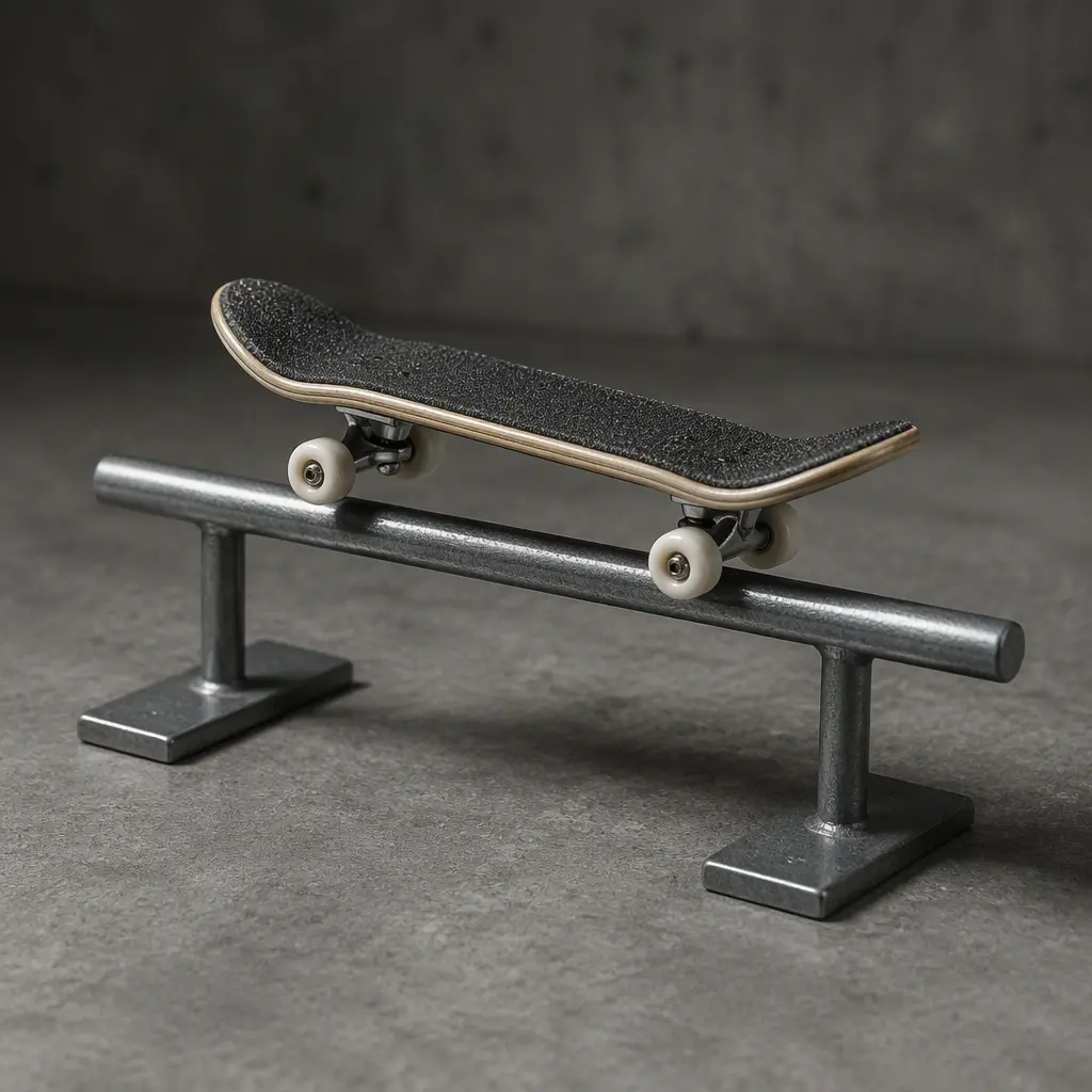 Miniature finger skateboard performing a grind on a small rail obstacle