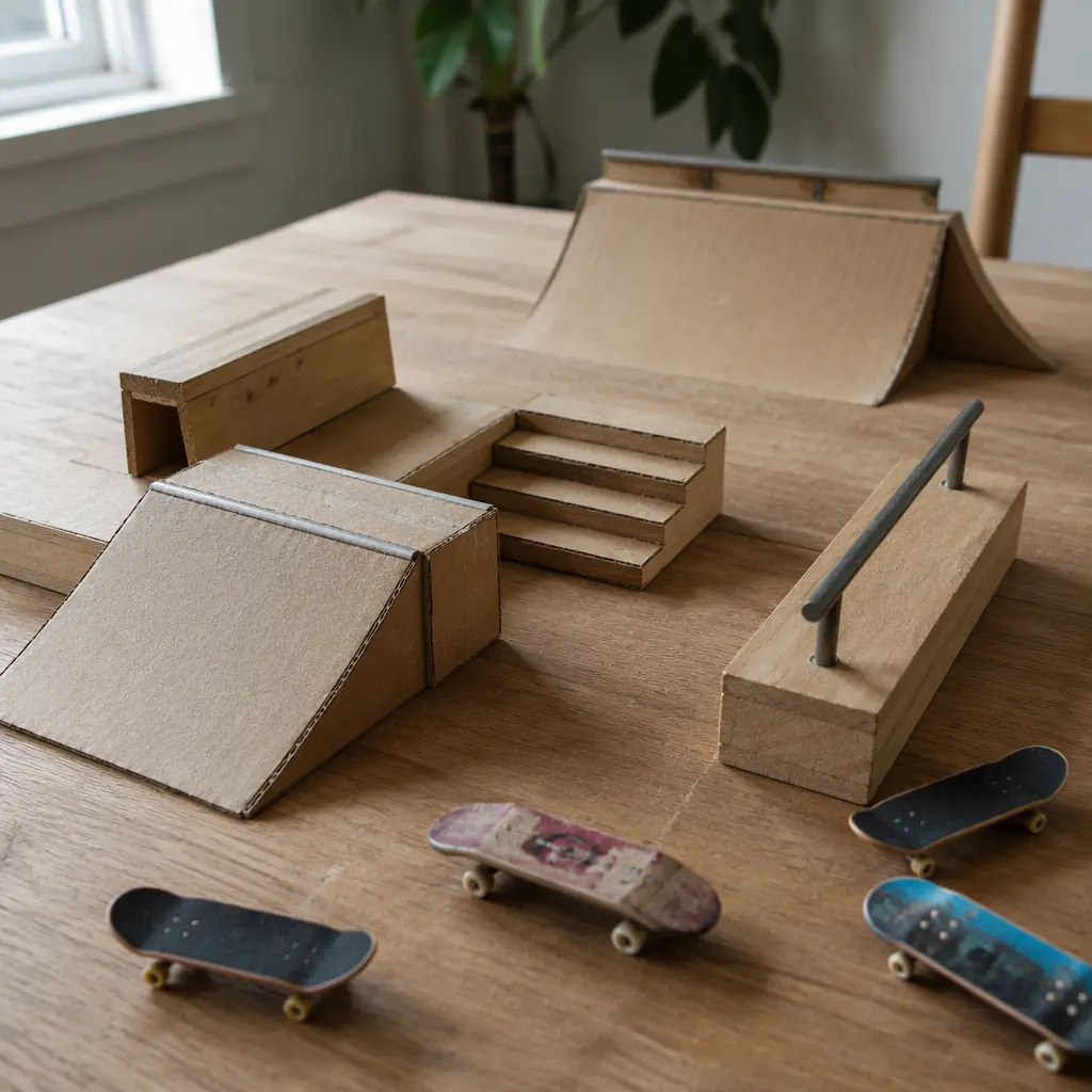 Homemade miniature skate park with finger skateboards on a tabletop