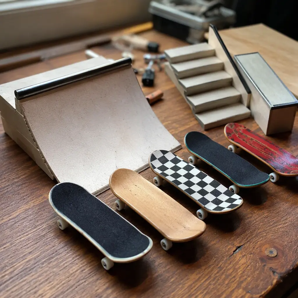 Miniature finger skateboards and small ramps on a desk in natural light