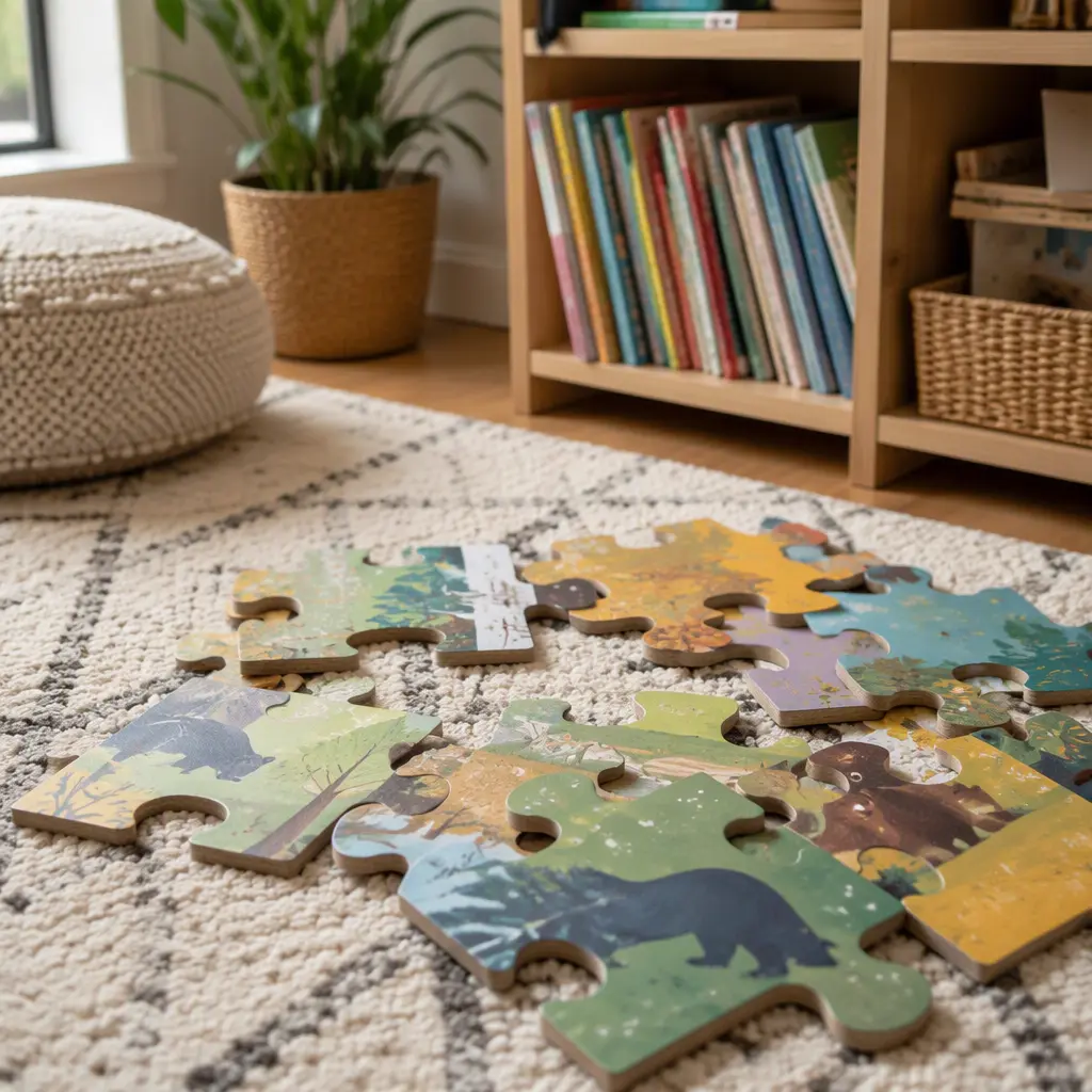 Large preschool floor puzzle pieces on a living room rug