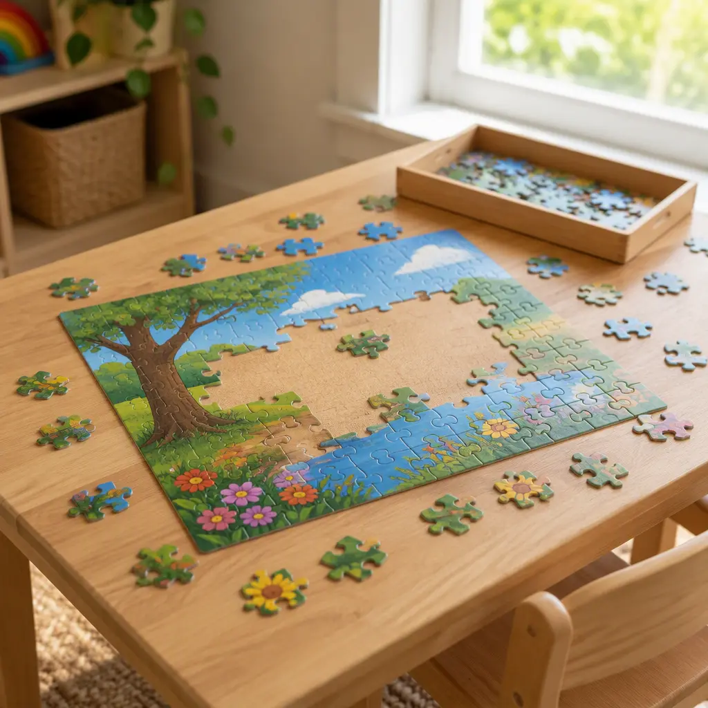 Preschool jigsaw puzzle arranged on a small table
