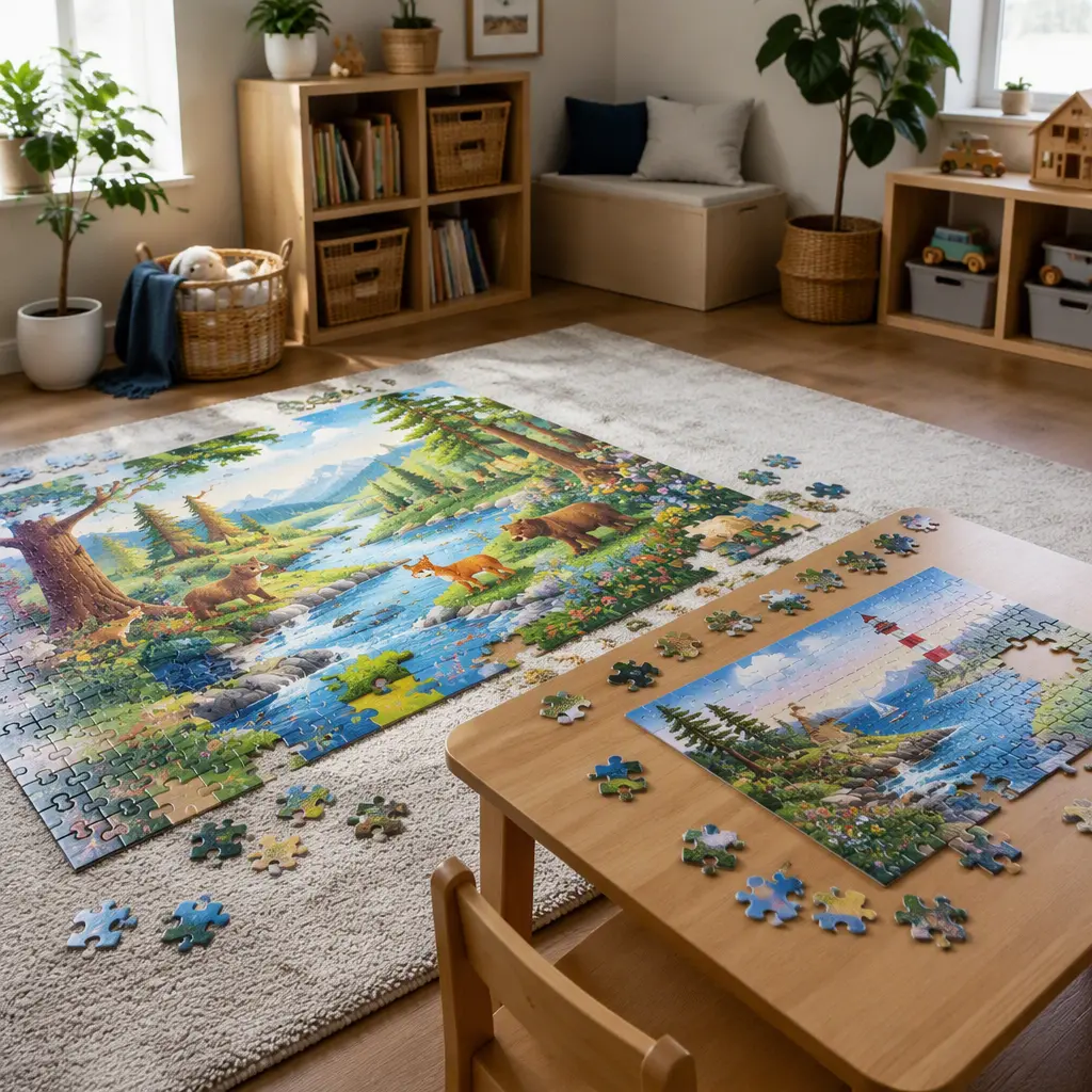 Large floor puzzle and tabletop jigsaw puzzle in a preschool playroom