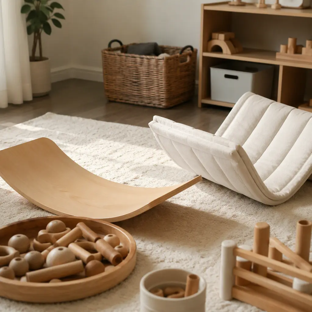 Curved wobble board and padded floor rocker arranged for indoor sensory play