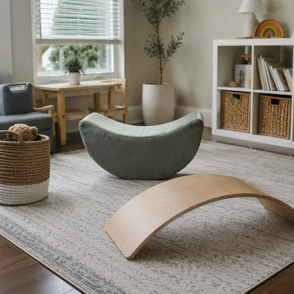 Wooden wobble board and floor rocker in a bright indoor playroom