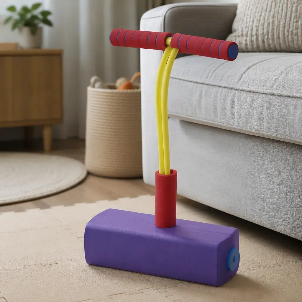 Foam pogo jumper on indoor flooring in a family living room