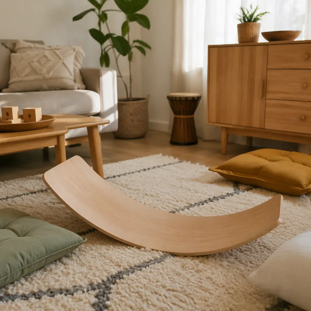 Wooden balance board positioned on a rug in a calm indoor play space