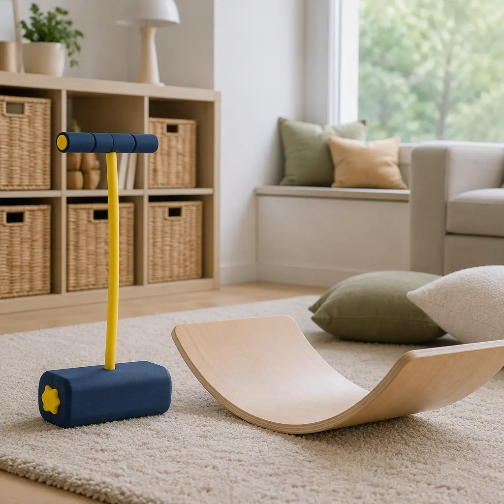 Foam pogo jumper and wooden balance board in a bright indoor playroom