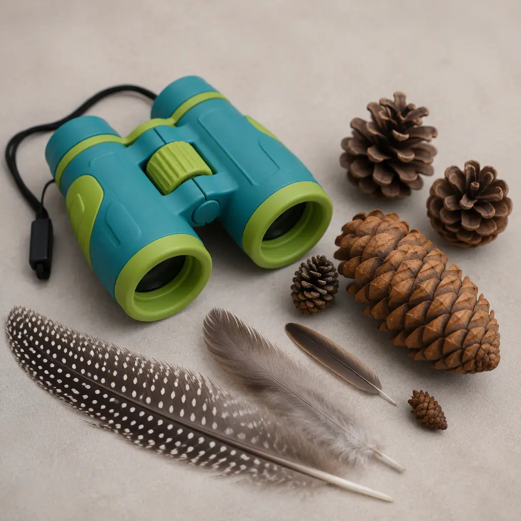 Large kid-friendly binoculars displayed with nature objects in a studio setting