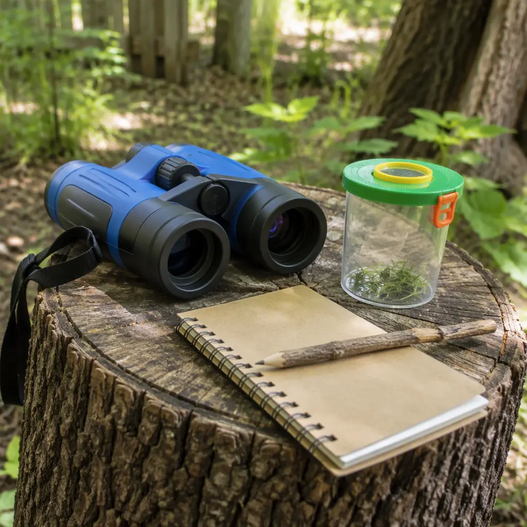 Children's outdoor science toys arranged on a tree stump in a backyard setting