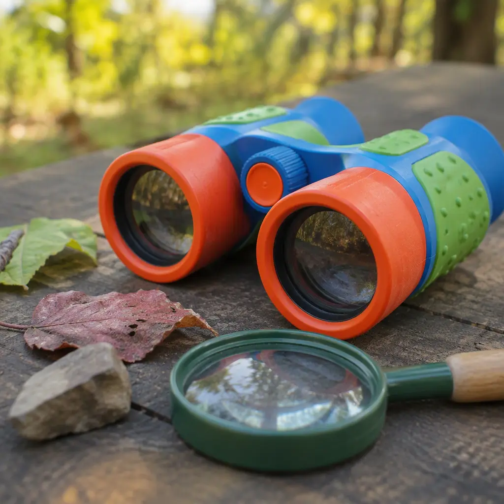Oversized children's binoculars arranged with outdoor nature items on a picnic table