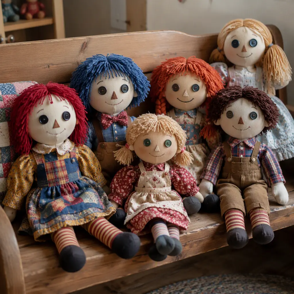 Colorful rag-doll-inspired dolls sitting together on a wooden bench