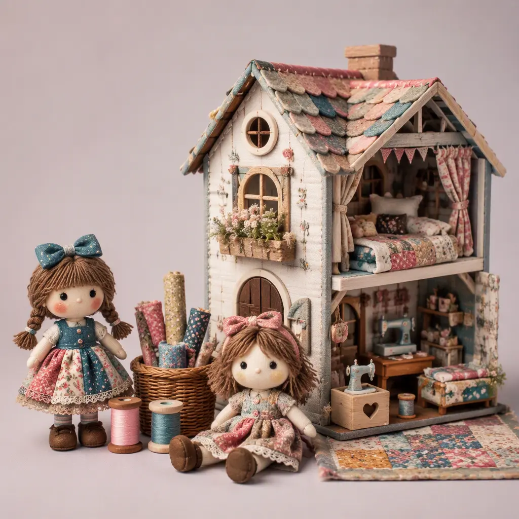 Miniature rag-doll-inspired figures beside a whimsical dollhouse