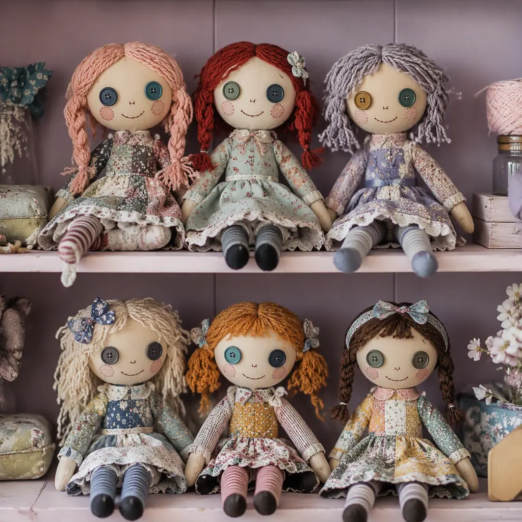 Rag-doll-inspired fashion dolls displayed on a pastel shelf in soft studio lighting