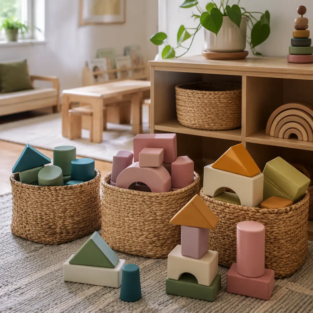 Large foam building blocks stored neatly in a shared play space
