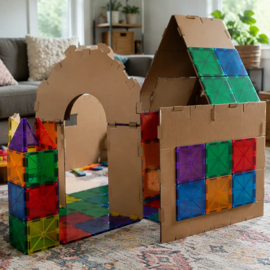 Oversized construction toys assembled into a simple fort in a family living room