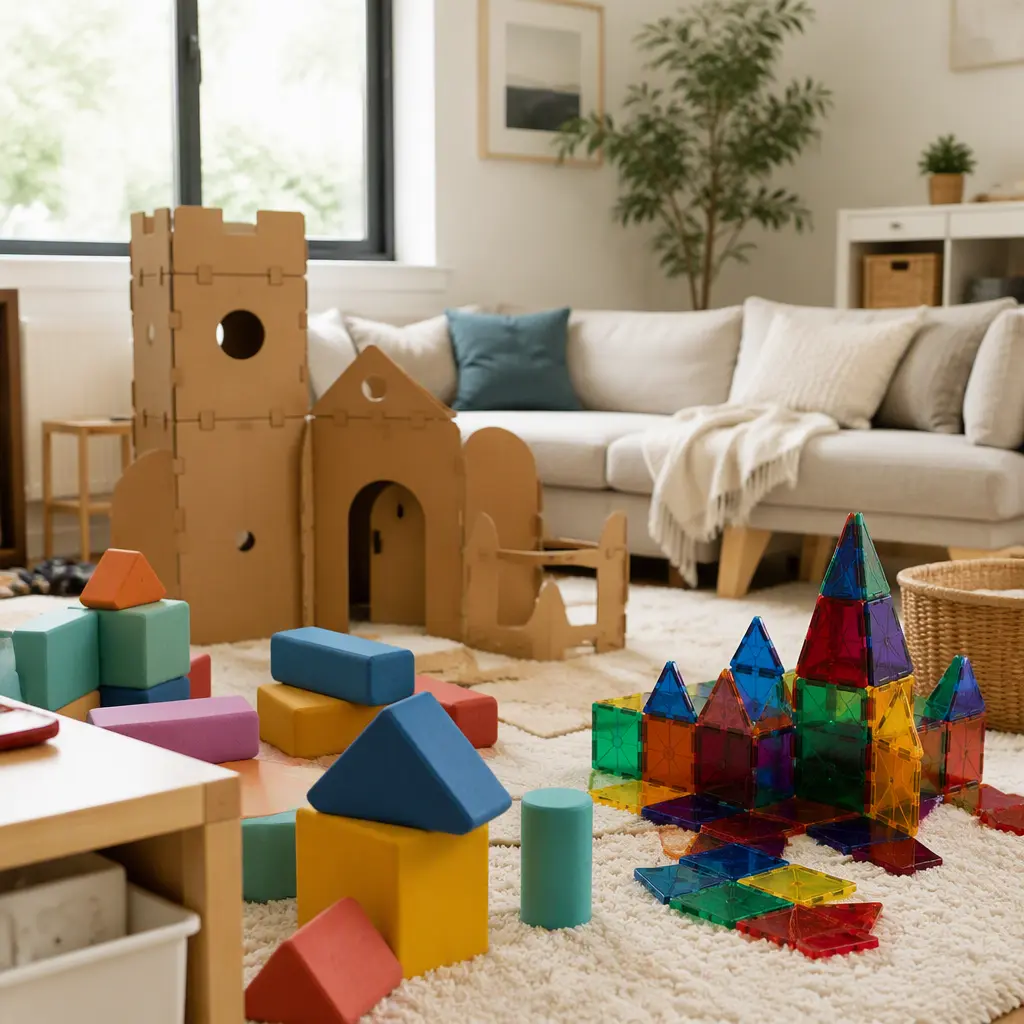Oversized building toys arranged on a living room floor in a shared family space